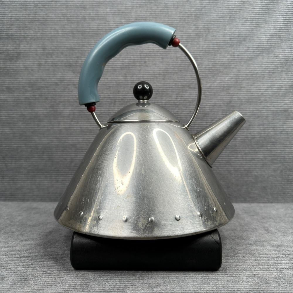 Michael Graves Alessi Stainless Steel Tea Kettle Blue Handle Postmodern Vintage